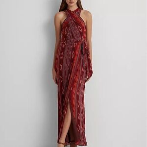 Lauren Ralph Lauren NWT Geo-Striped Georgette Halter Gown Western Sz 12 Leg Slit